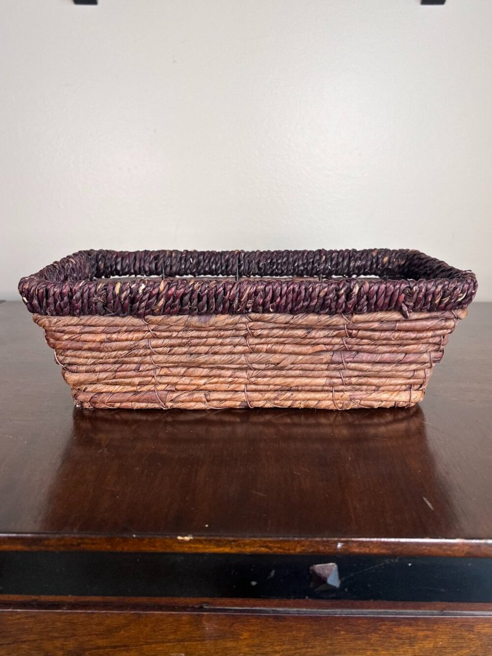 Small Rectangle Rattan Storage Basket Dark Brown 10in Width